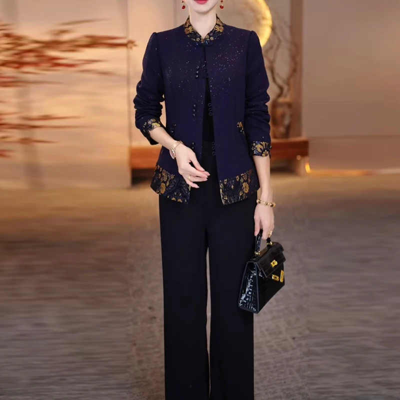 仟禧金丝中式加厚真两件套2025秋款气质显瘦加大码妈妈装上衣外套