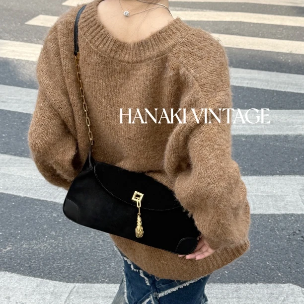 95新 GUCCI/古驰 花绮中古/Gucci虎头链条麂皮单肩斜挎包