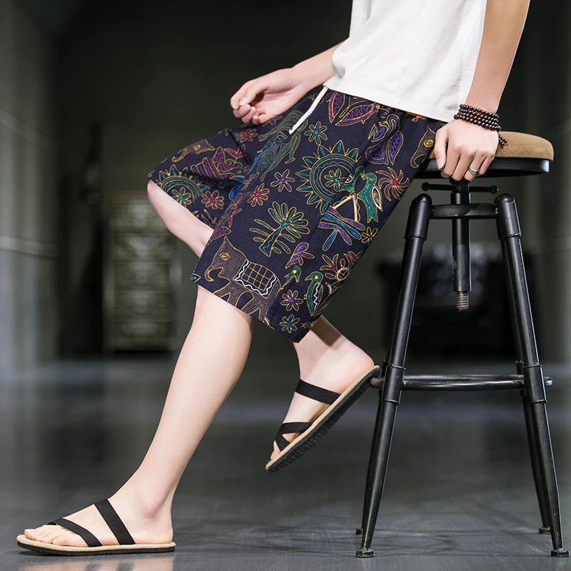 新中式民族风印花短裤男款夏季中国风潮流大码宽松休闲沙滩五分裤