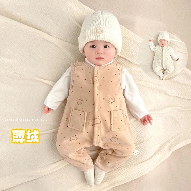 秋冬新生儿春秋冬三季款婴儿衣服加绒中厚无袖背心连体衣宝宝爬服