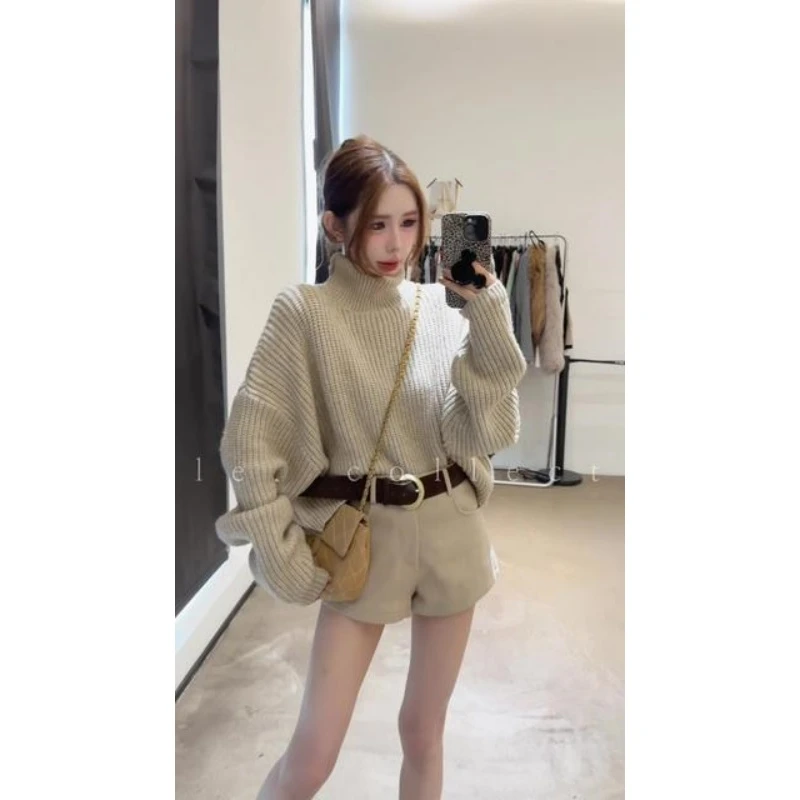 MARIE.COCO老钱风软糯高领粗线套头毛衣女秋冬新款休闲短裤两件套