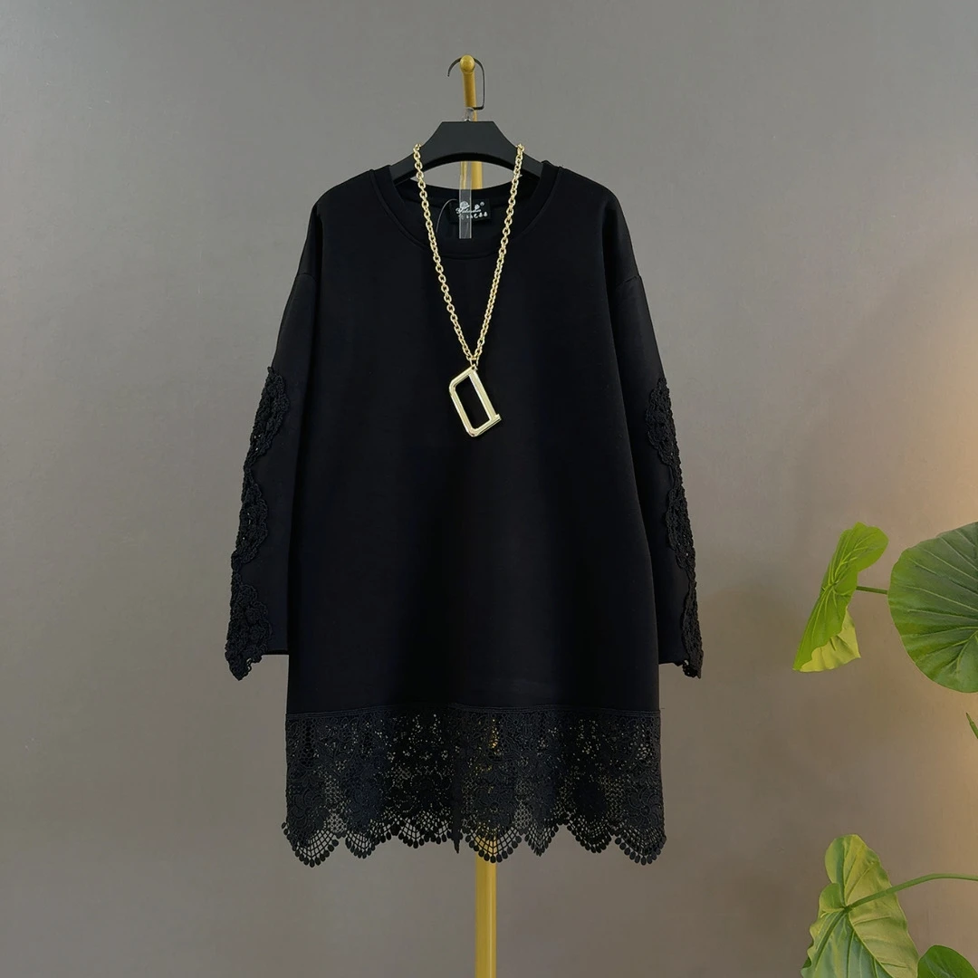 长袖上衣大码拼接蕾丝法式假两件大码遮肉简约苹果型百搭打底衫