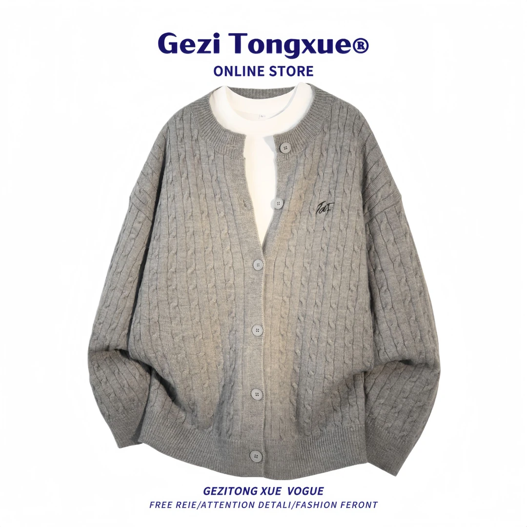 美式复古绞花针织开衫毛衣男女秋冬季潮牌慵懒休闲外套宽松针织衫