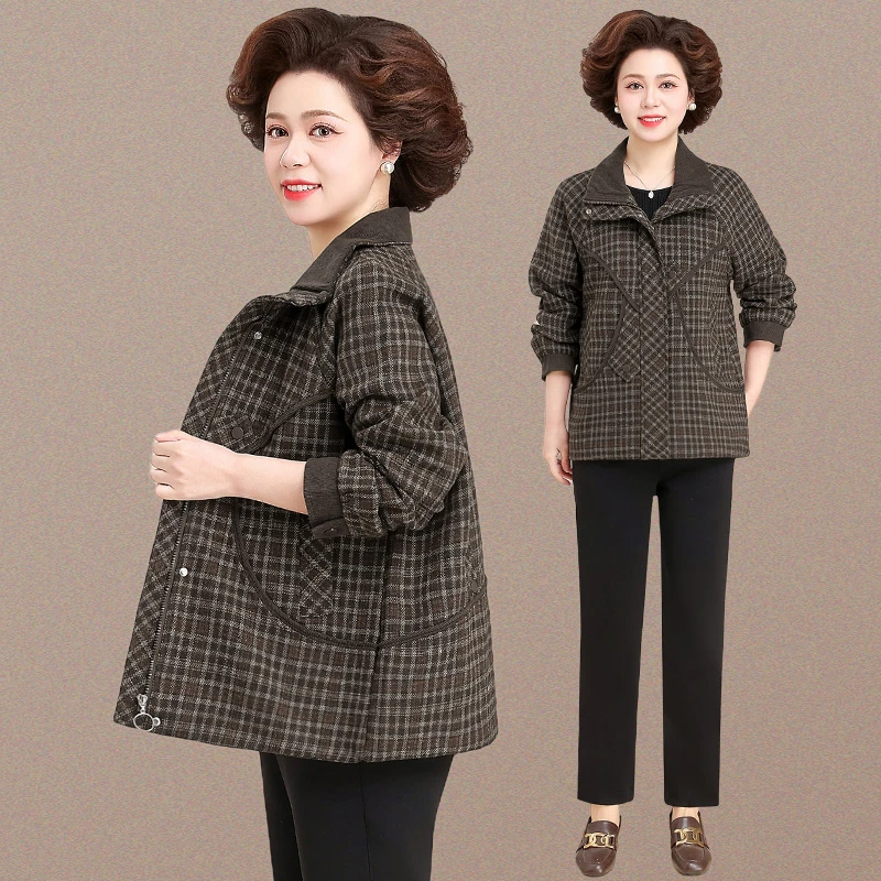 胖妈妈春装外套2025新款加肥加大码格子上衣中老年人女装春秋风衣