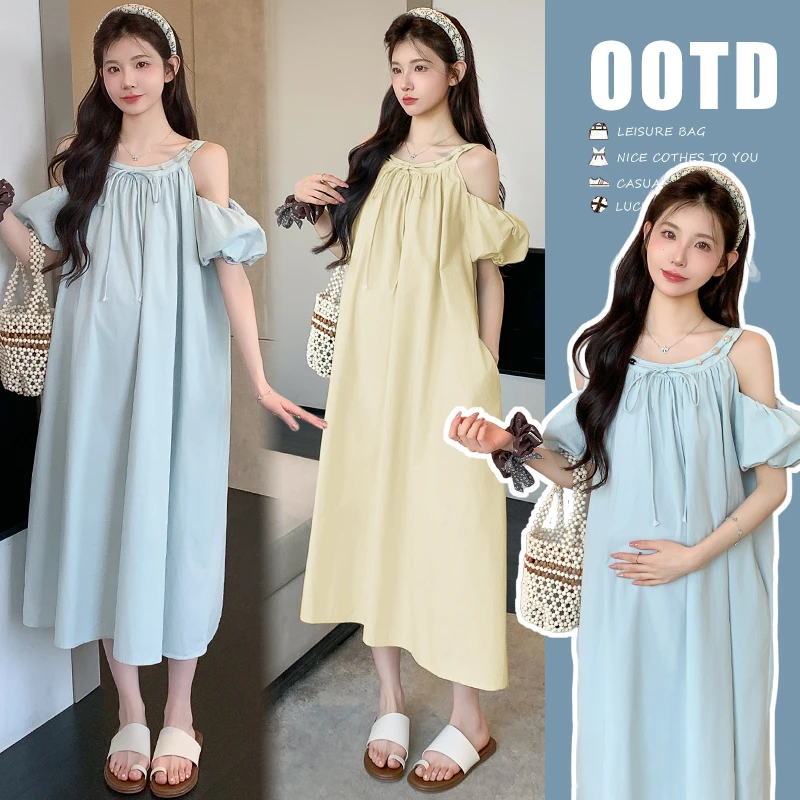 大码孕妇夏季法式度假风挂脖长裙露肩宽松连衣裙气质夏天时尚甜美