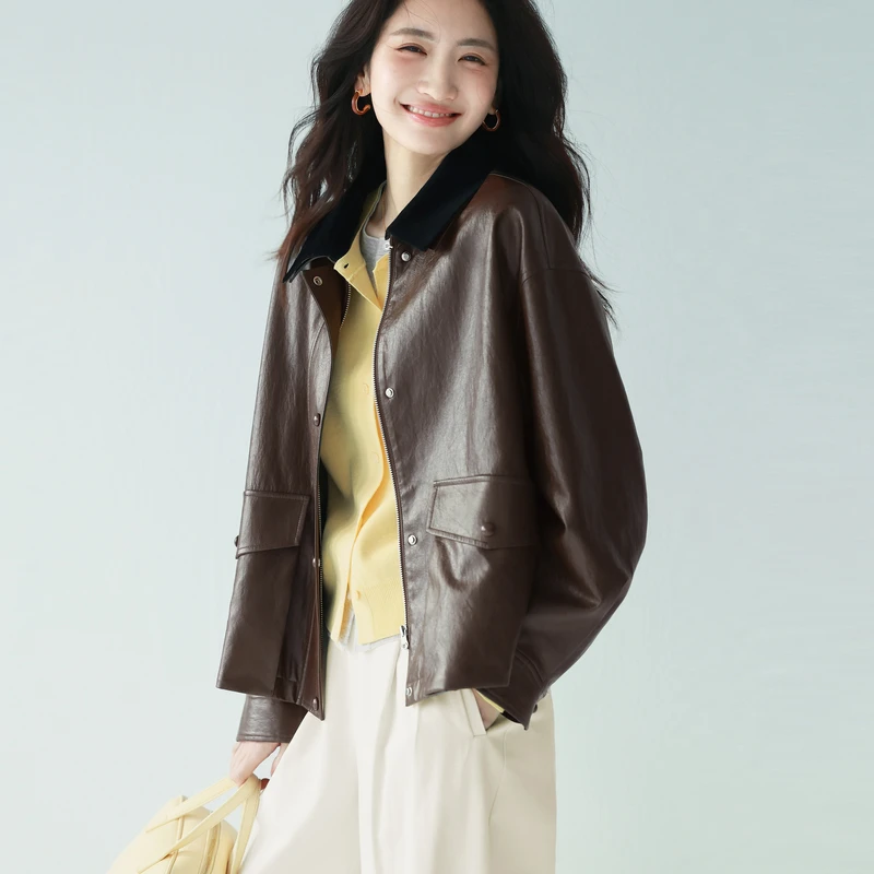 【衣衣专属】伊芙丽拼可拆卸撞色皮质灯芯绒短外套女春1G1910831