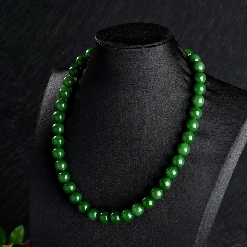 新品 和田玉碧玉绿钻扣项链9-10mm清新时尚气质圆珠女款妈妈链