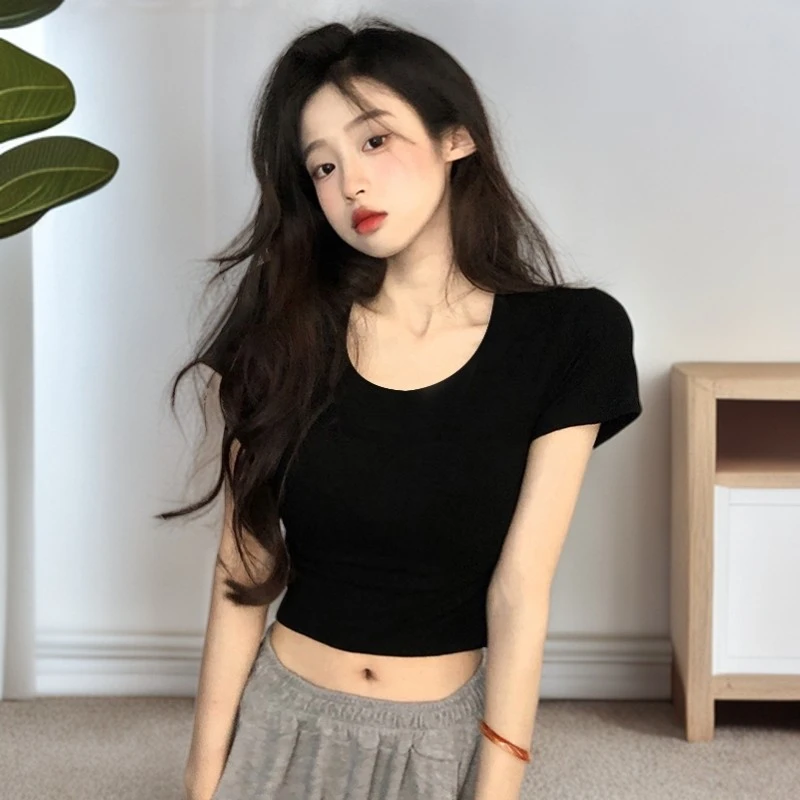 黑色圆领短款露脐t恤女短袖高腰内搭 打底衫修身夏季漏肚脐上衣潮