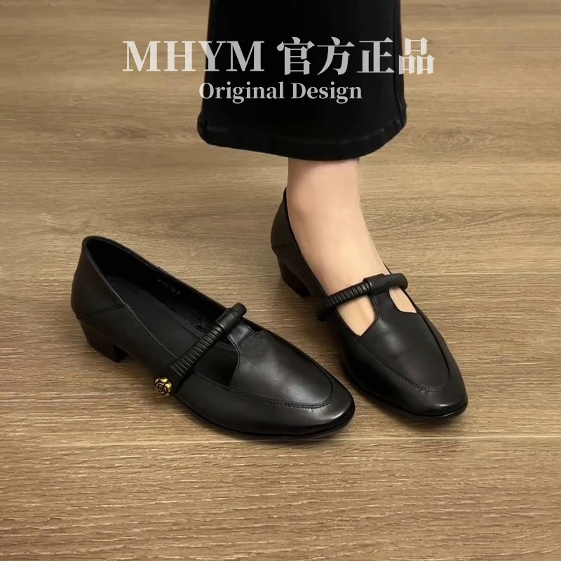 MH官方复古山茶花圆头玛丽珍女鞋通勤T字带浅口气质法式粗跟单鞋