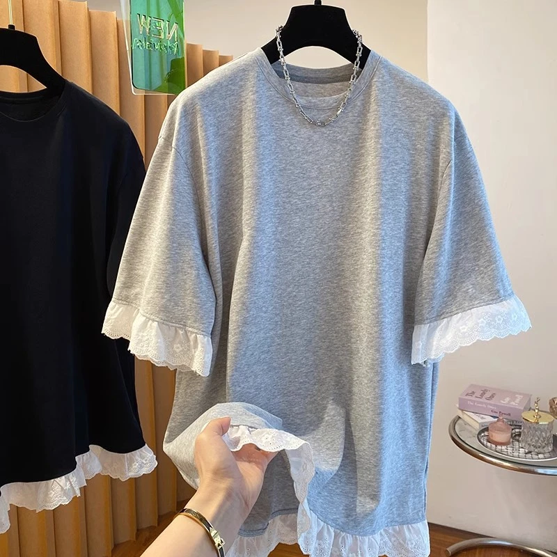高级感蕾丝拼接短袖T恤上衣女装夏季新款胖MM大版宽松遮肚体恤潮