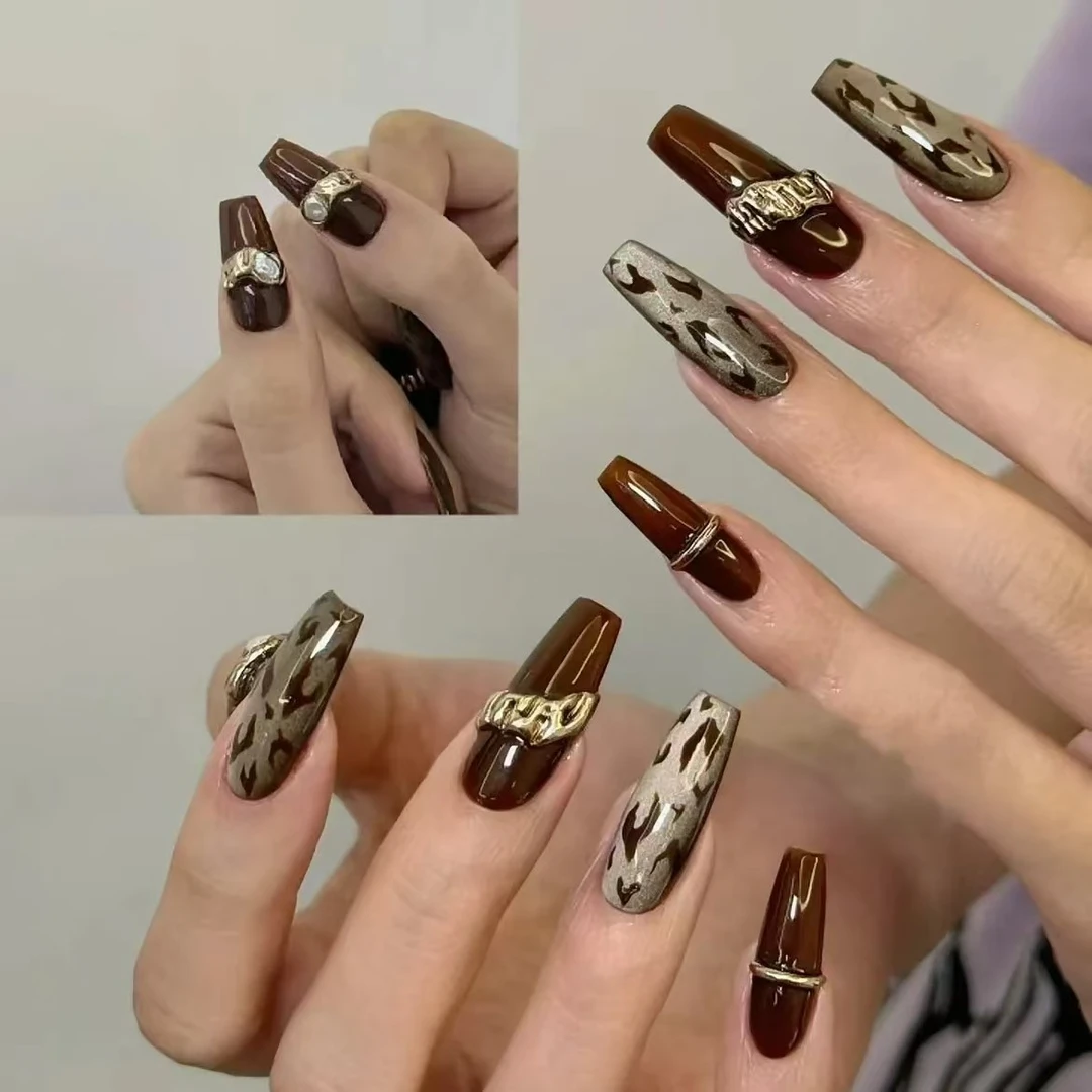 美拉德秋冬豹纹纯手工穿戴甲梯形