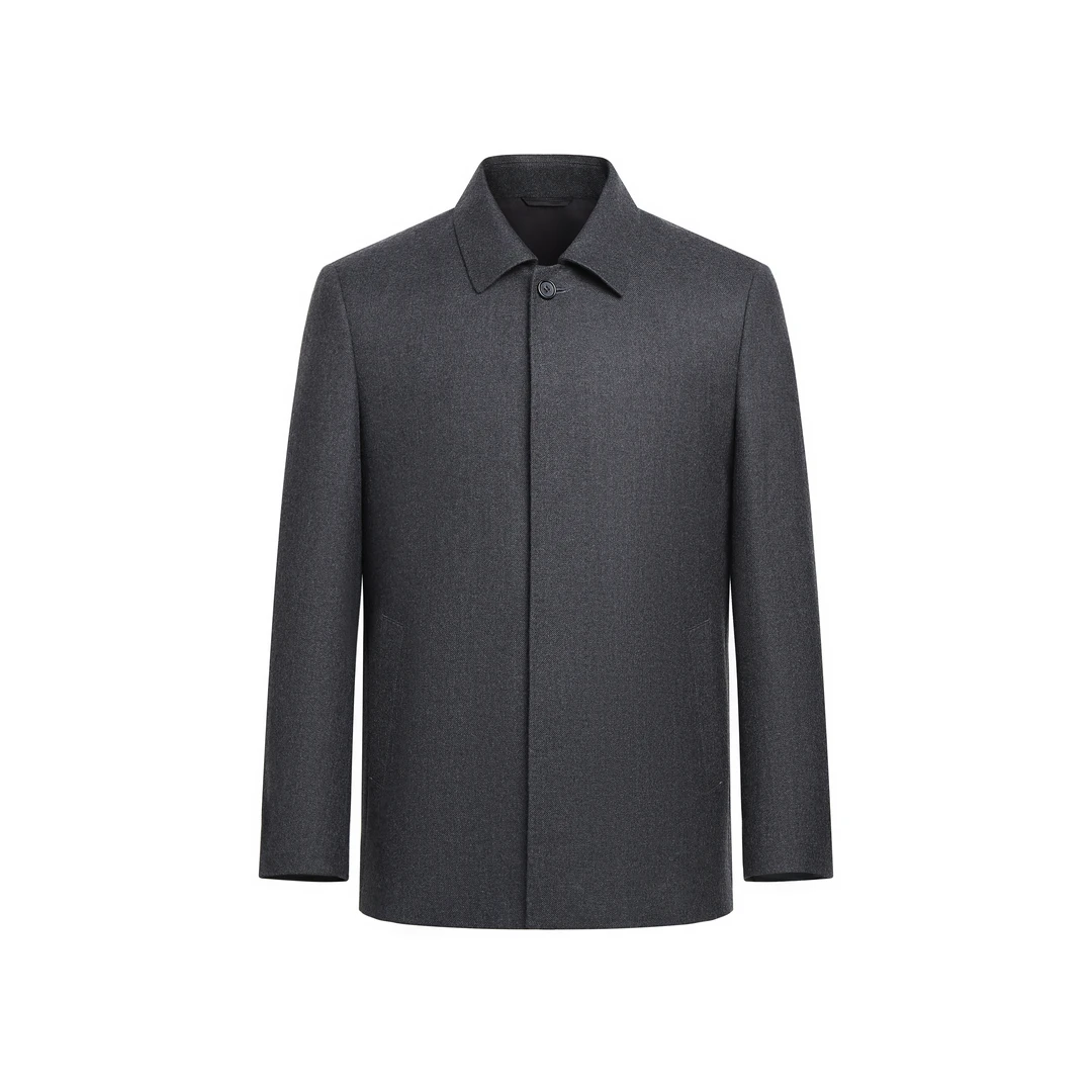 【精纺羊绒】深灰色桑蚕丝内里商务休闲翻领暗扣短款风衣198312