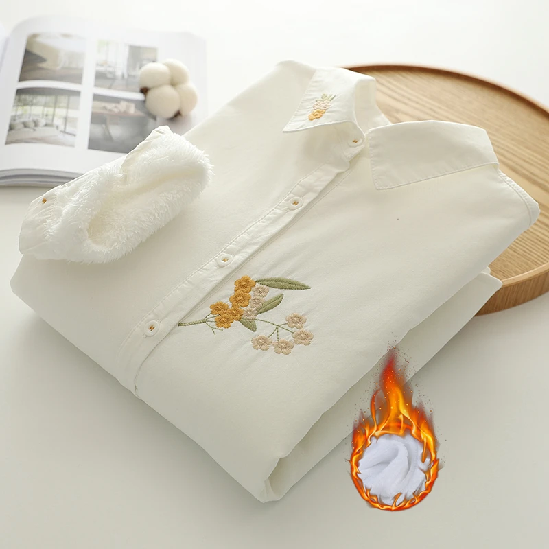 山茶花刺绣文艺衬衫冬季加绒保暖厚款白色长袖衬衣收腰显瘦内搭集