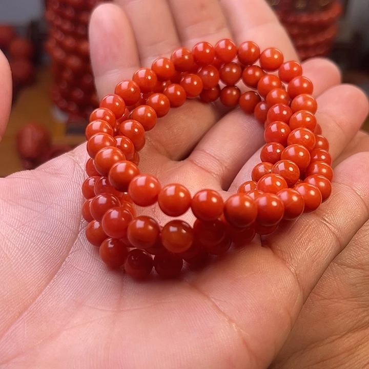 未镶嵌保山精工柿子红圆珠108卡7m南红玛瑙