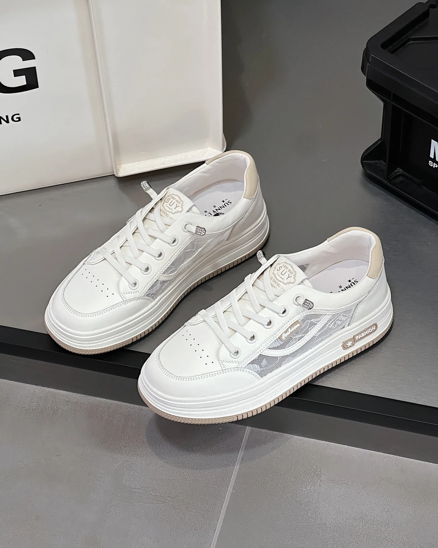 雪芭妮2025夏季新款蕾丝透气小白鞋女百搭休闲懒人一脚蹬运动板鞋