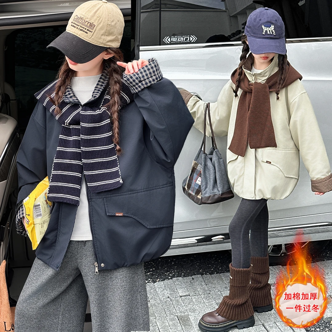 女童秋冬夹棉外套2025新款韩版中大童休闲宽松洋气女孩拉链衫外套