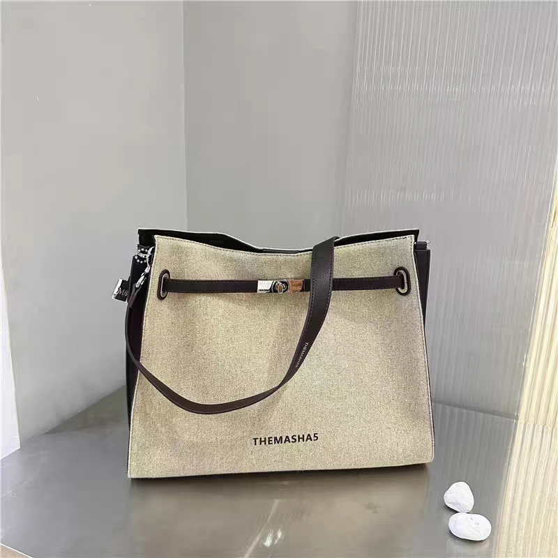 棉麻耐脏做旧条纹轻奢袋百搭简约托特包单肩包通勤时尚休闲大包包