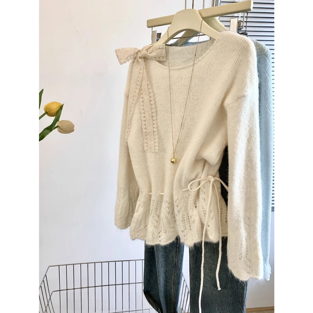 温柔风蕾丝蝴蝶结针织衫2025秋冬季新款慵懒高级感软糯针织上衣