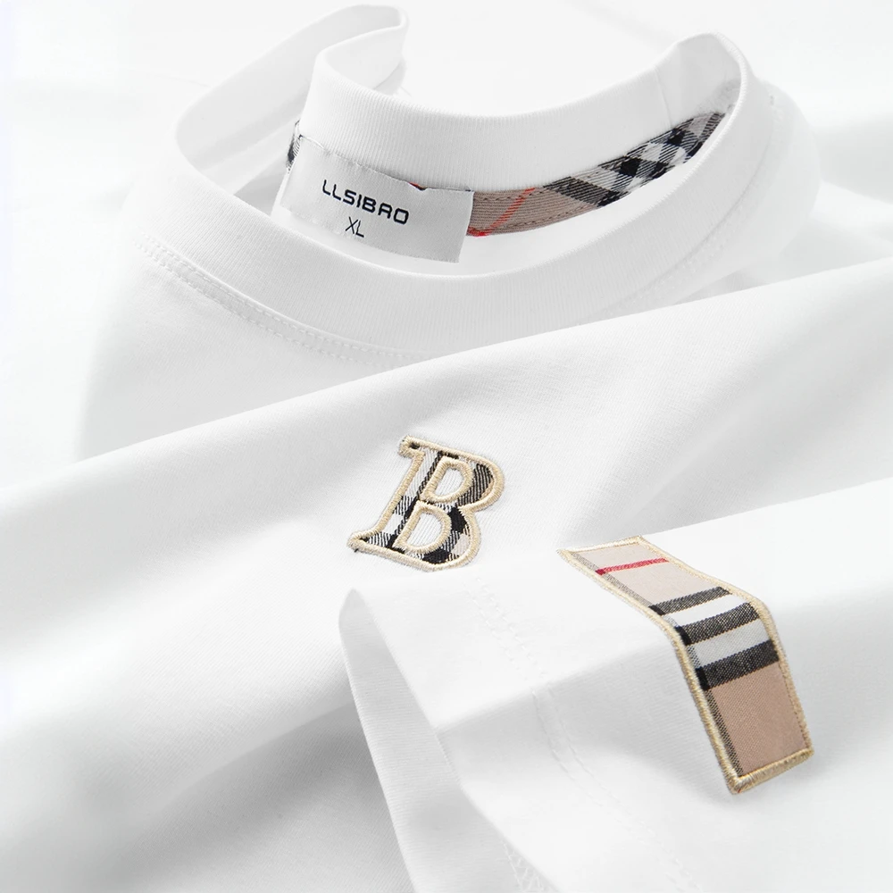 潮牌欧货字母刺绣丝光棉短袖t恤男装夏季青年冰丝圆领半袖体恤衫