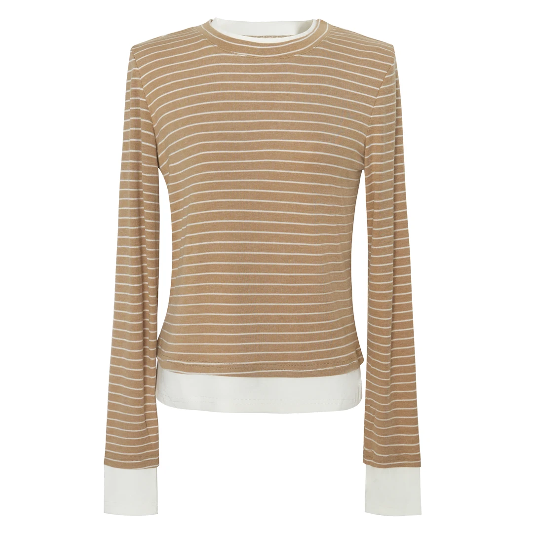 2025春夏新款时尚百搭休闲条纹拼色圆领上衣T恤【207791】