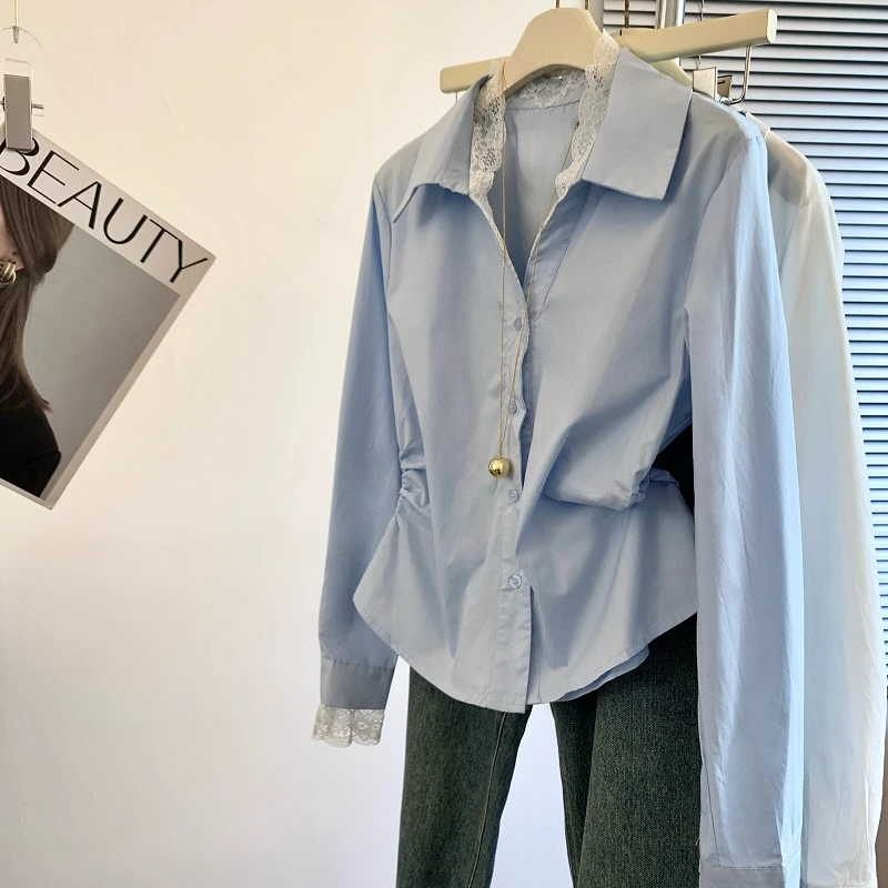 高级感蕾丝拼接蓝色衬衫女装秋季2025新款超好看独特漂亮气质上衣