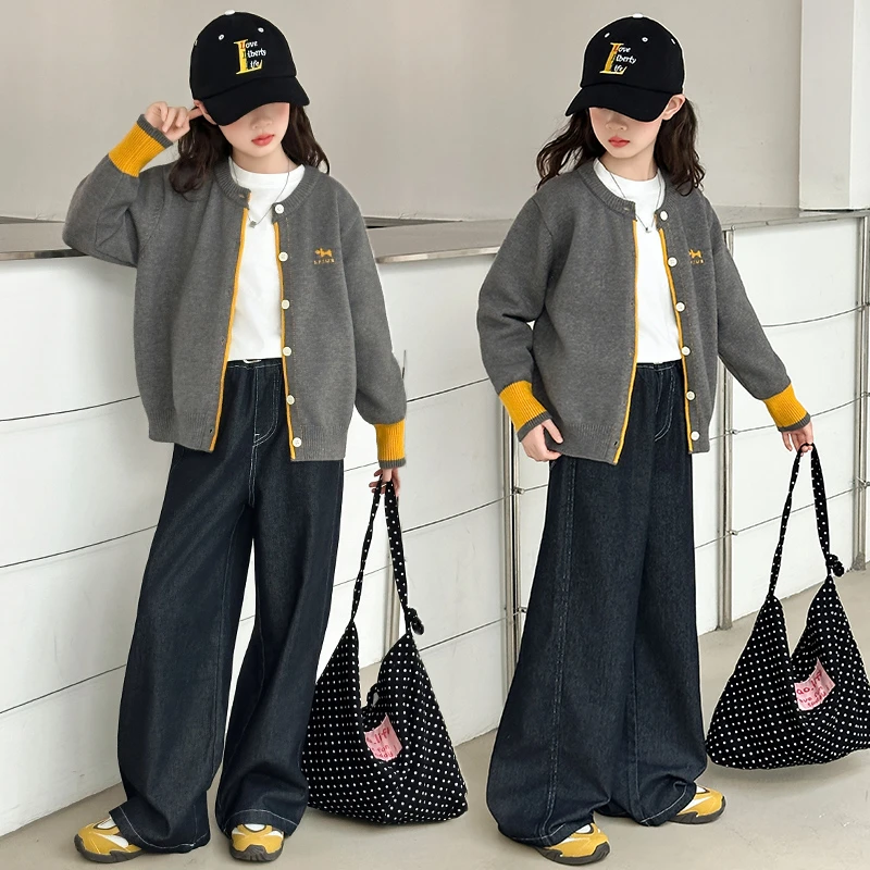 女童春秋针织套装2025新款韩版洋儿童装开衫毛衣打底牛仔裤三件套
