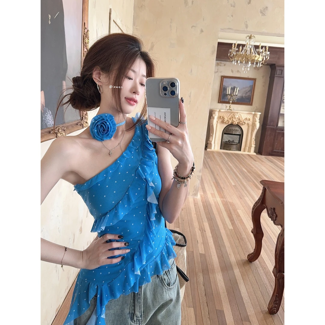 洋气衣服女波点吊带背心女夏雪纺衫不规则飘带荷叶边