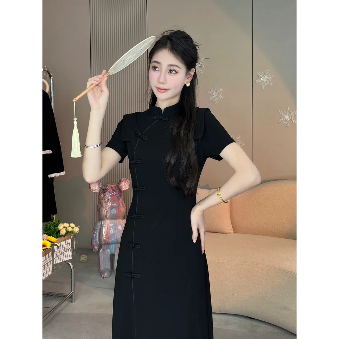 X'XIAO 夏季新款气质显瘦复古新中式国风小黑裙3577