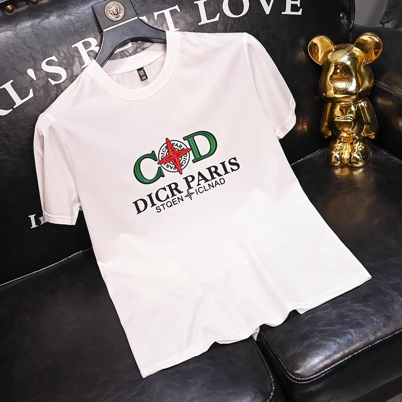 欧货半袖衣服男士2025夏季新款潮流个性时尚字母刺绣修身短袖T恤