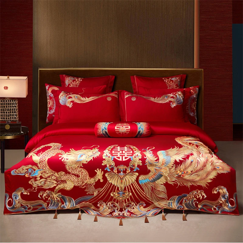 高端婚庆四件套全棉刺绣结婚纯棉大红色婚房礼刺绣花喜被床上用品