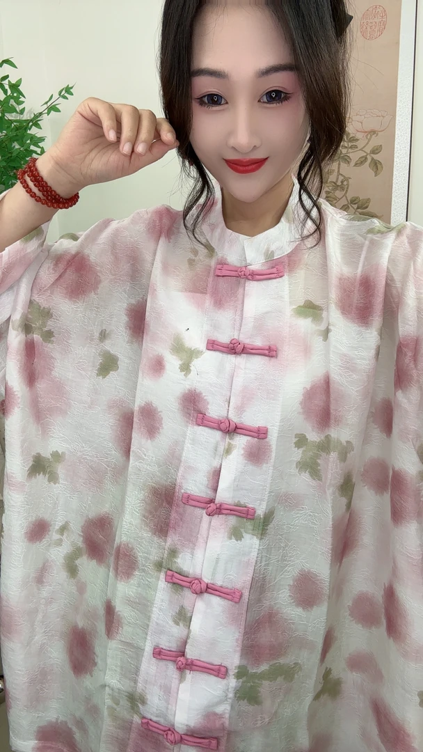 338 新中式国风盘扣衬衫印花气质立领防晒外套上衣