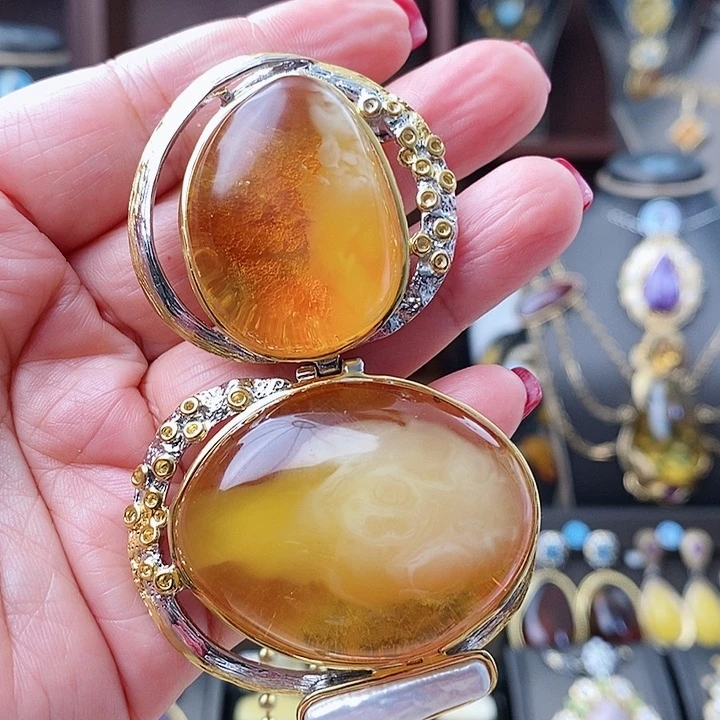 琥珀颈饰银S925镶嵌吊坠