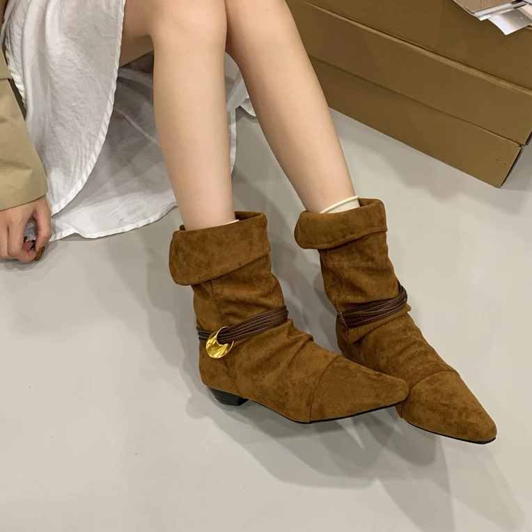 韩版尖头绒面短靴女2025秋冬新款褶皱两穿小众复古西部堆堆靴短靴