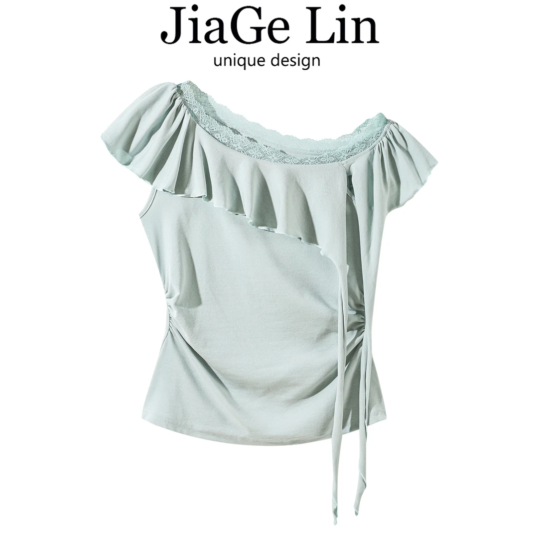 JiaGeLin韩系设计感蕾丝拼接斜肩T恤掐腰小衫女夏季修身显瘦上衣