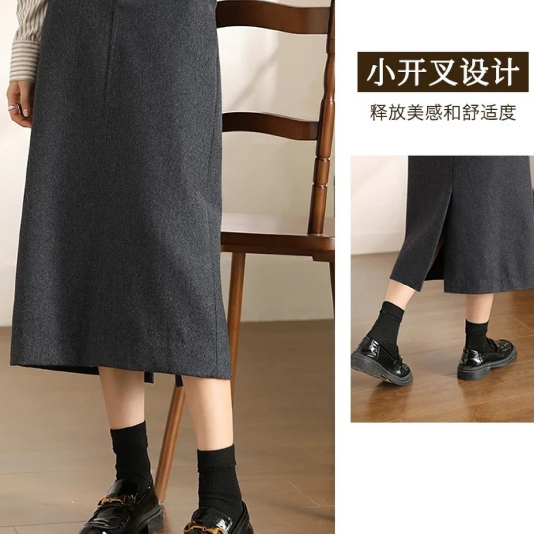 （裙长81）昕叶良品9989羊毛灰色毛呢秋冬新款直筒高腰中长款半裙