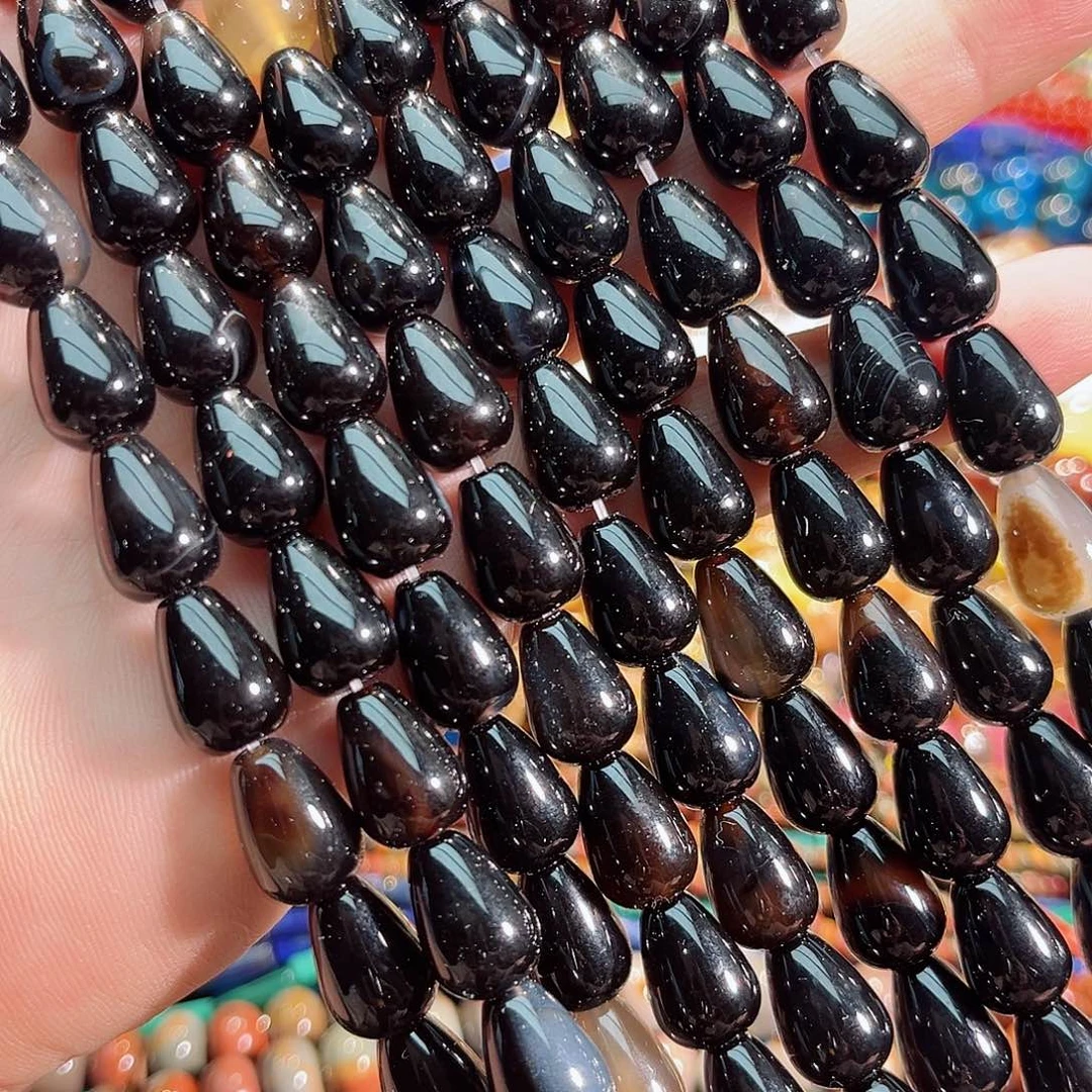 玛瑙/玉髓合金珠宝半成品黑玛瑙水滴一条10x14mm