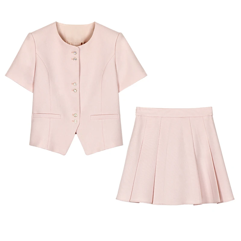 时尚减龄套装夏季西装马甲背心百褶半身裙两件套2995