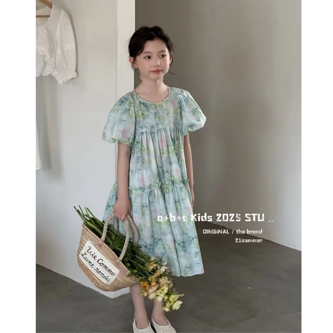 韩版女童装儿童中大童夏季时髦休闲碎花泡泡袖连衣裙公主裙