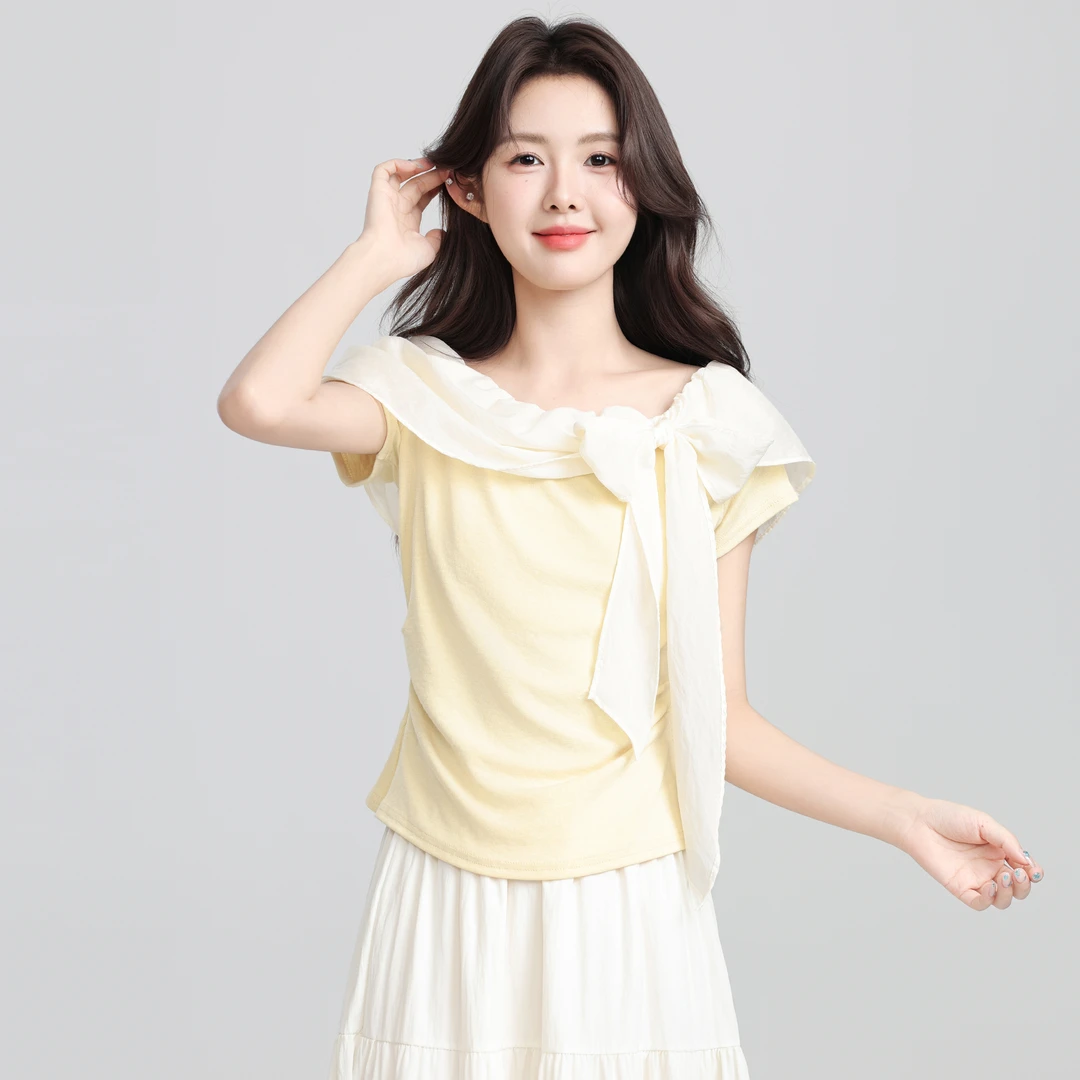 黄色短袖T恤女夏2025夏季新款蝴蝶结绝美掐腰体恤别致显瘦短上衣