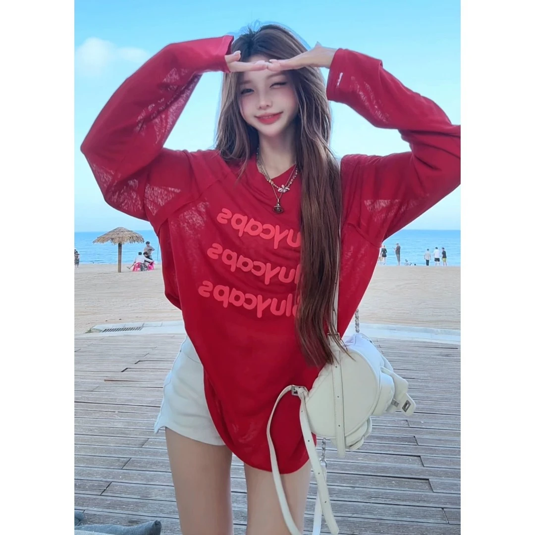 美式字母印花红色防晒长袖T恤女夏季薄款外搭罩衫多巴胺穿搭上衣