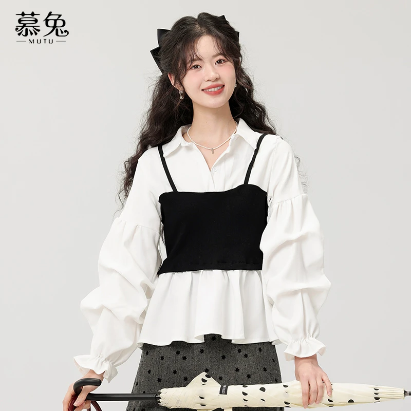 【现货】慕兔法式气质假两件白衬衫女2024秋季设计感收腰上衣