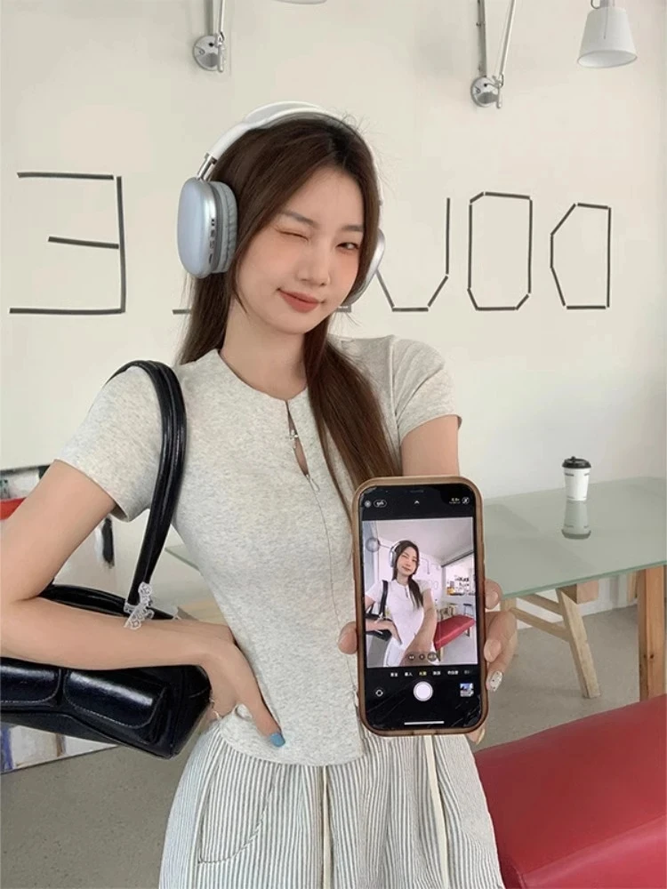 美式辣妹双头拉链设计感正肩短袖开衫T恤女夏季收腰显瘦短款上衣