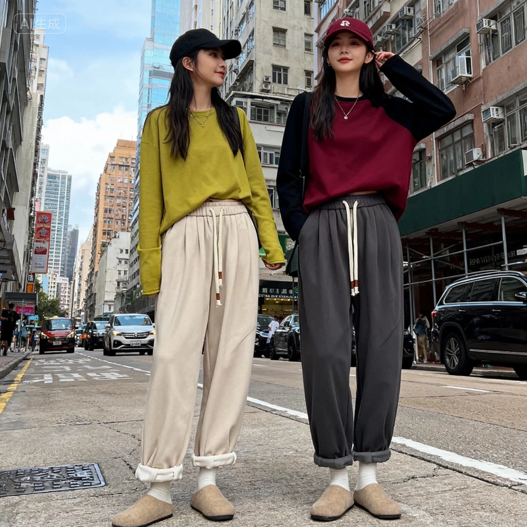 2025新款韩版时尚简约百搭休闲运动抽绳加绒2025年流行网红女裤