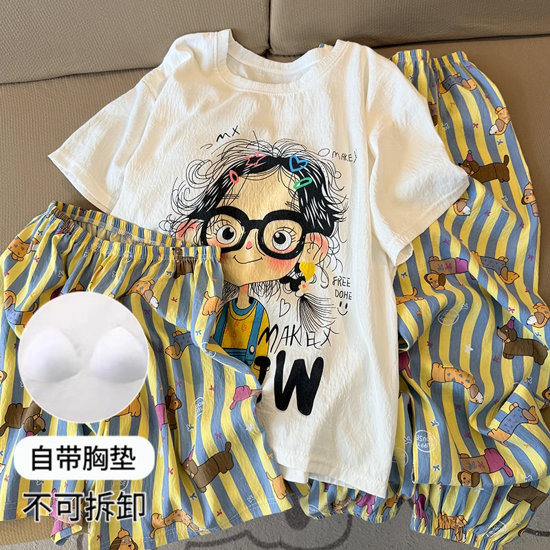 【胸垫版】睡衣女款2025夏季带胸垫短袖长裤三件套网红风卡通家居服
