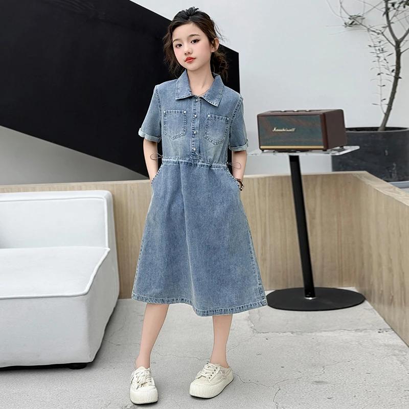 女童洋气牛仔连衣裙2025新款夏装大童女装炸街夏季裙子10-12-15岁