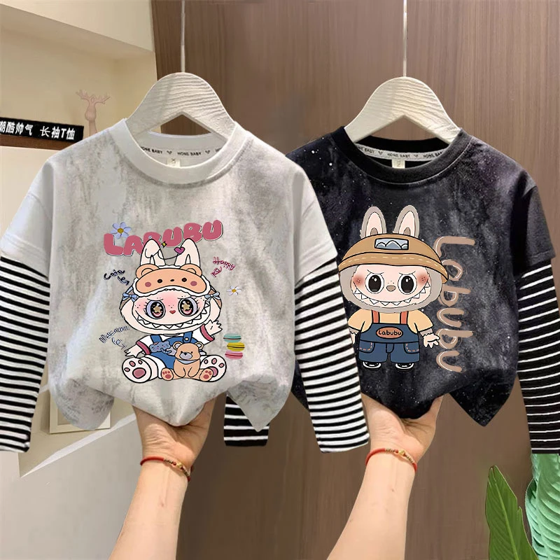 春秋季新款假两件卡通拉布布长袖T恤男女童韩系扎染上衣打底衫潮t