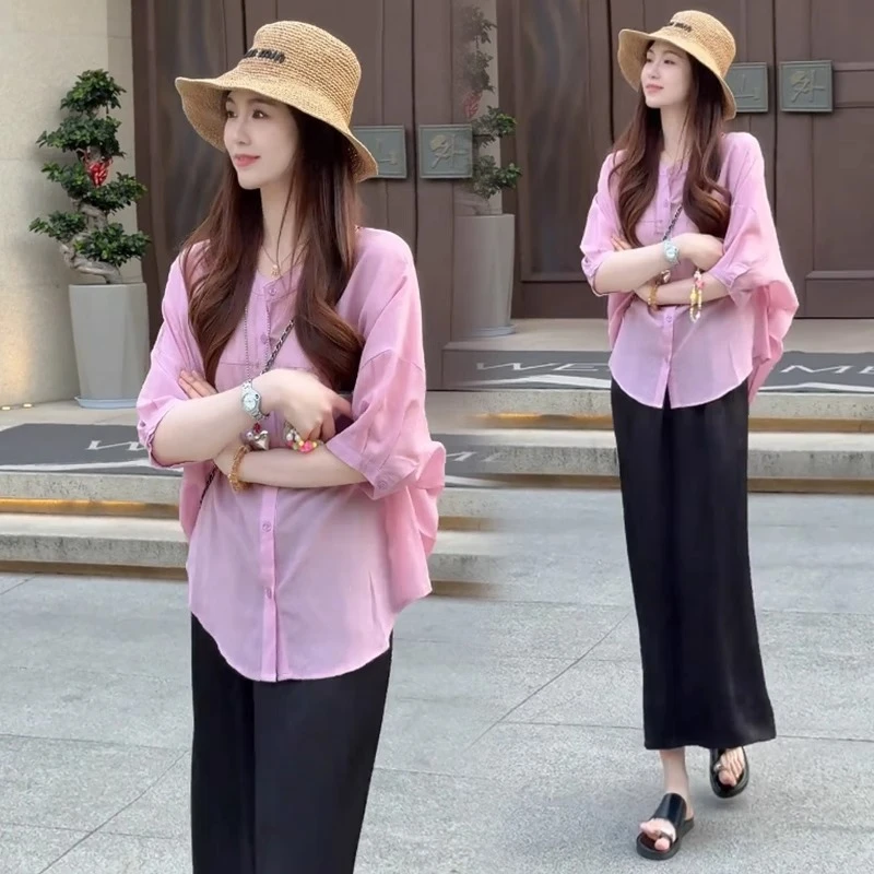 时尚洋气减龄套装裙女2025夏季新款宽松冰丝防晒衬衫半身裙两件套