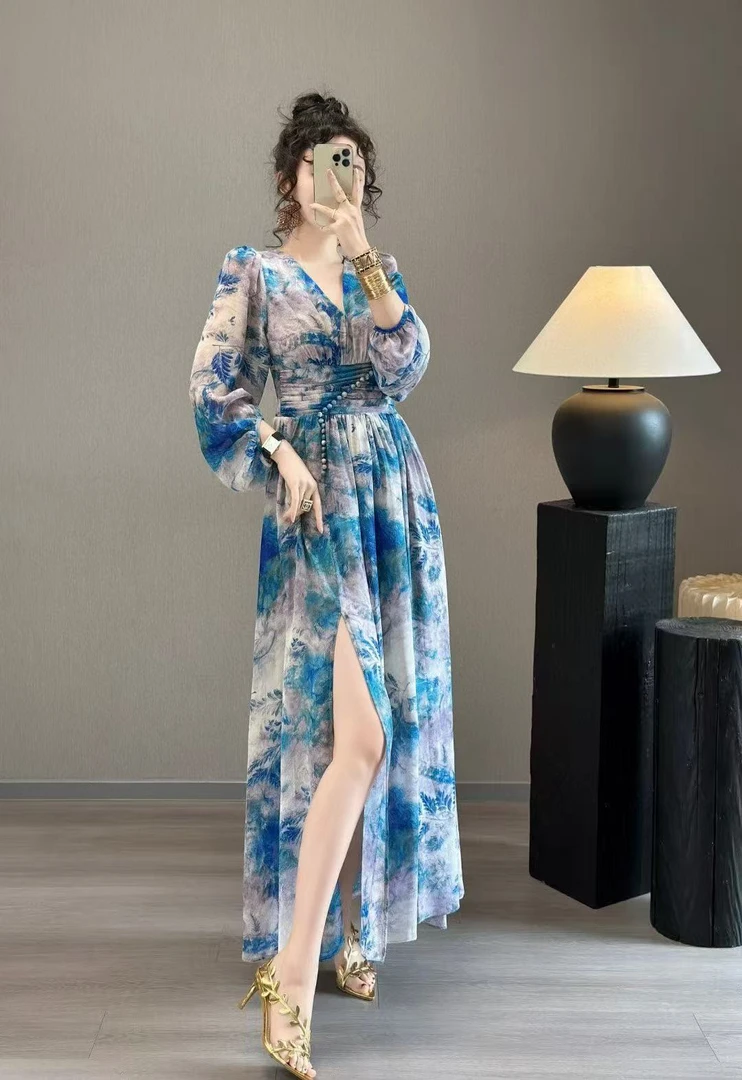 秋秋新款款温柔V领圆珠球印花法式气质飘逸连衣裙88391
