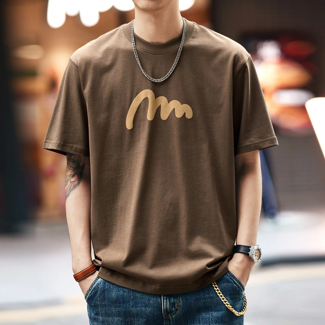 格蓝鹿美式高级感印花纯棉男士T恤2025夏季新款宽松圆领短袖体恤