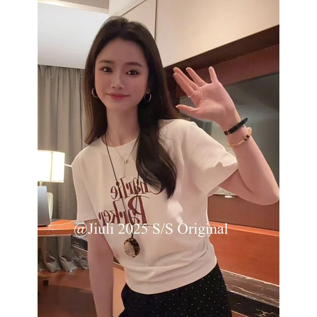 九莉【惊喜T】后面抽绳镂空设计侧面褶皱显腰身印花短袖T恤